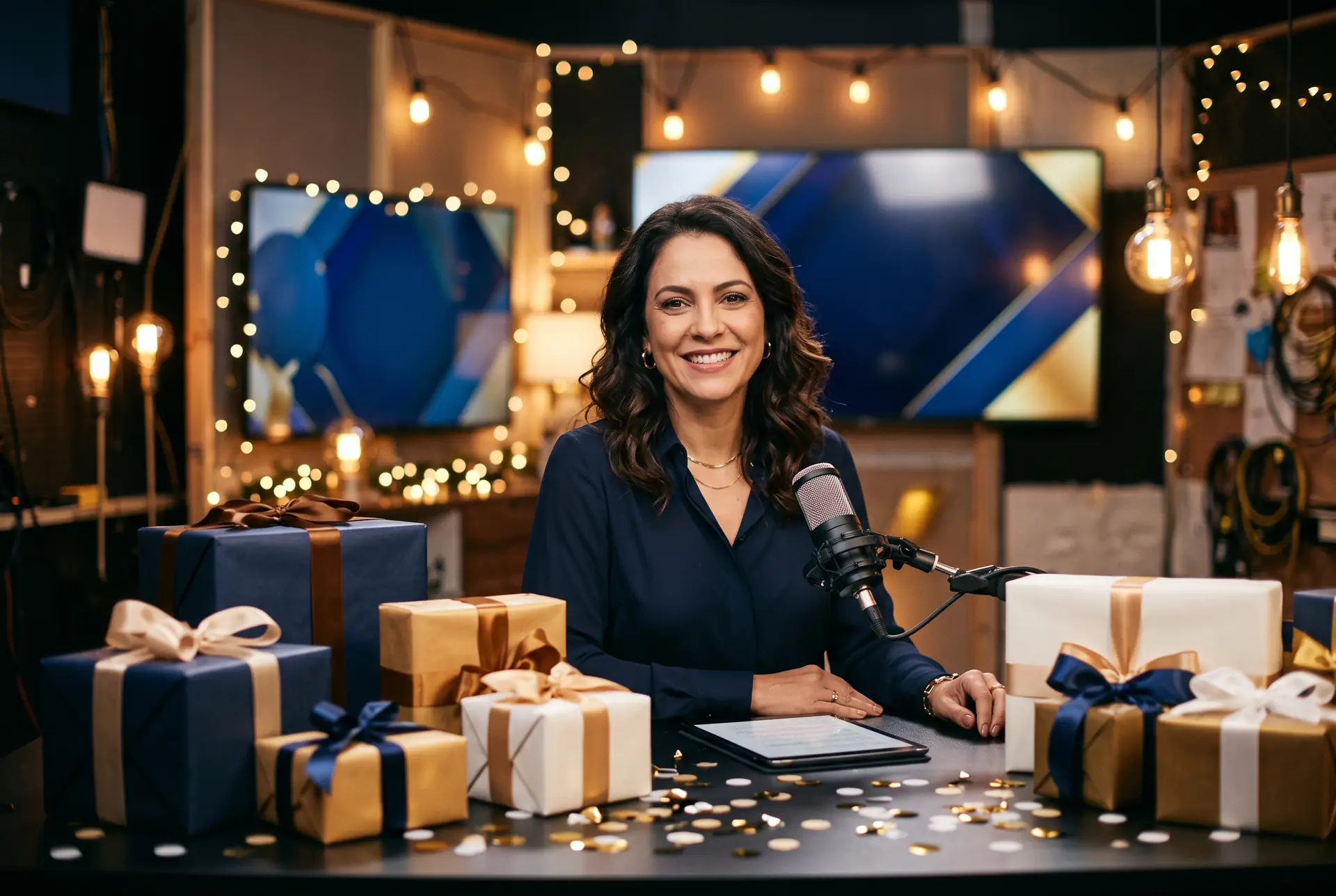 Apresentadora sorri para a câmera num estúdio de transmissão ao vivo, com presentes sobre a mesa.