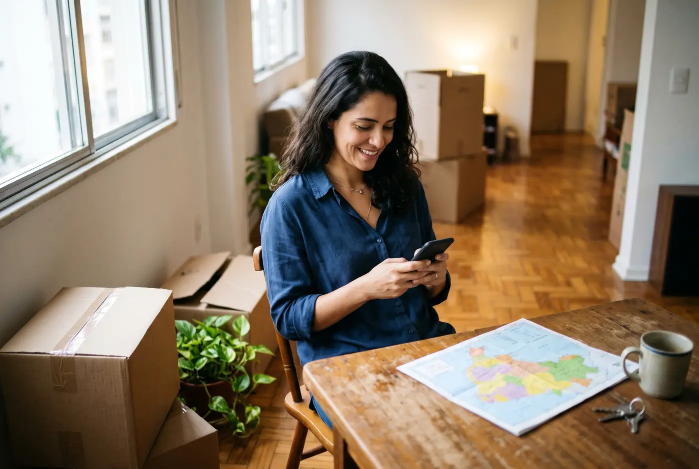 Servidora sorri olhando o celular ao lado de caixas de mudança e de um mapa do Brasil.